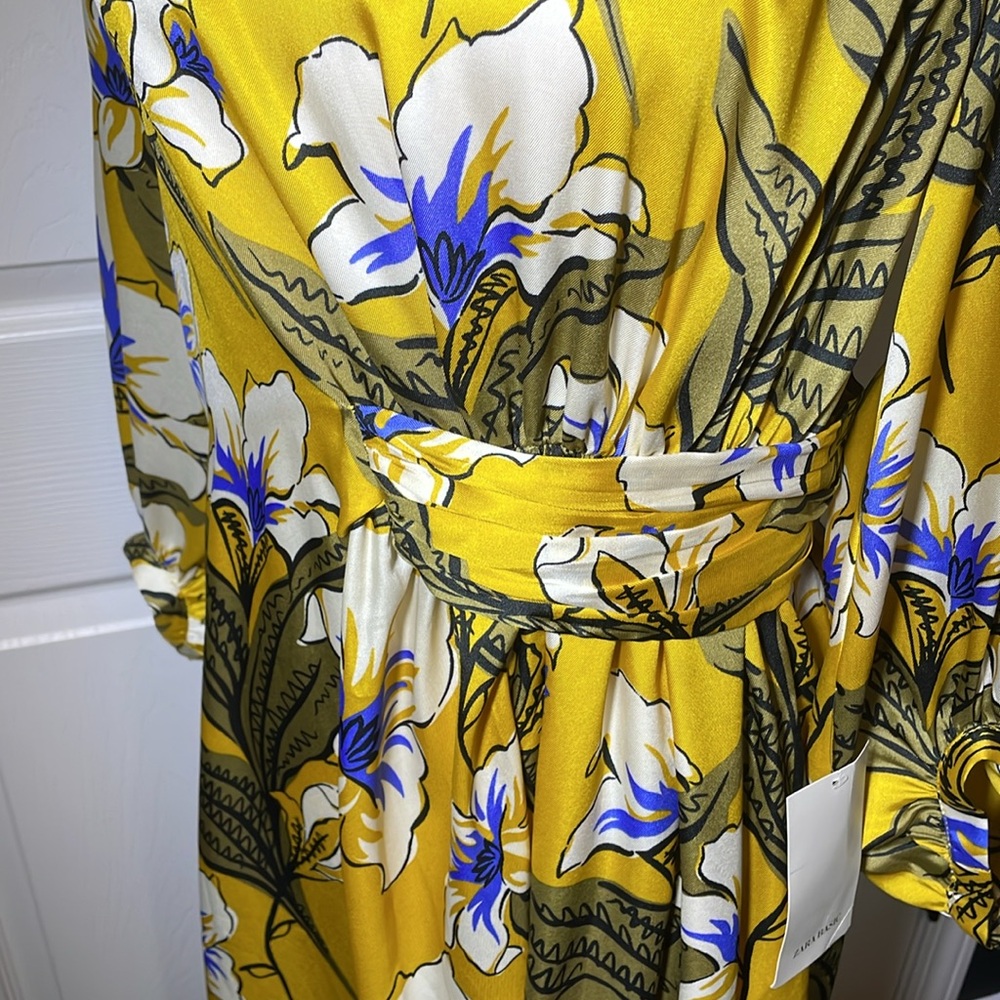 NWT Zara Floral Print Gathered Dress‎ in Yellow Midi Long Sleeves Size Large - Picture 3 of 10